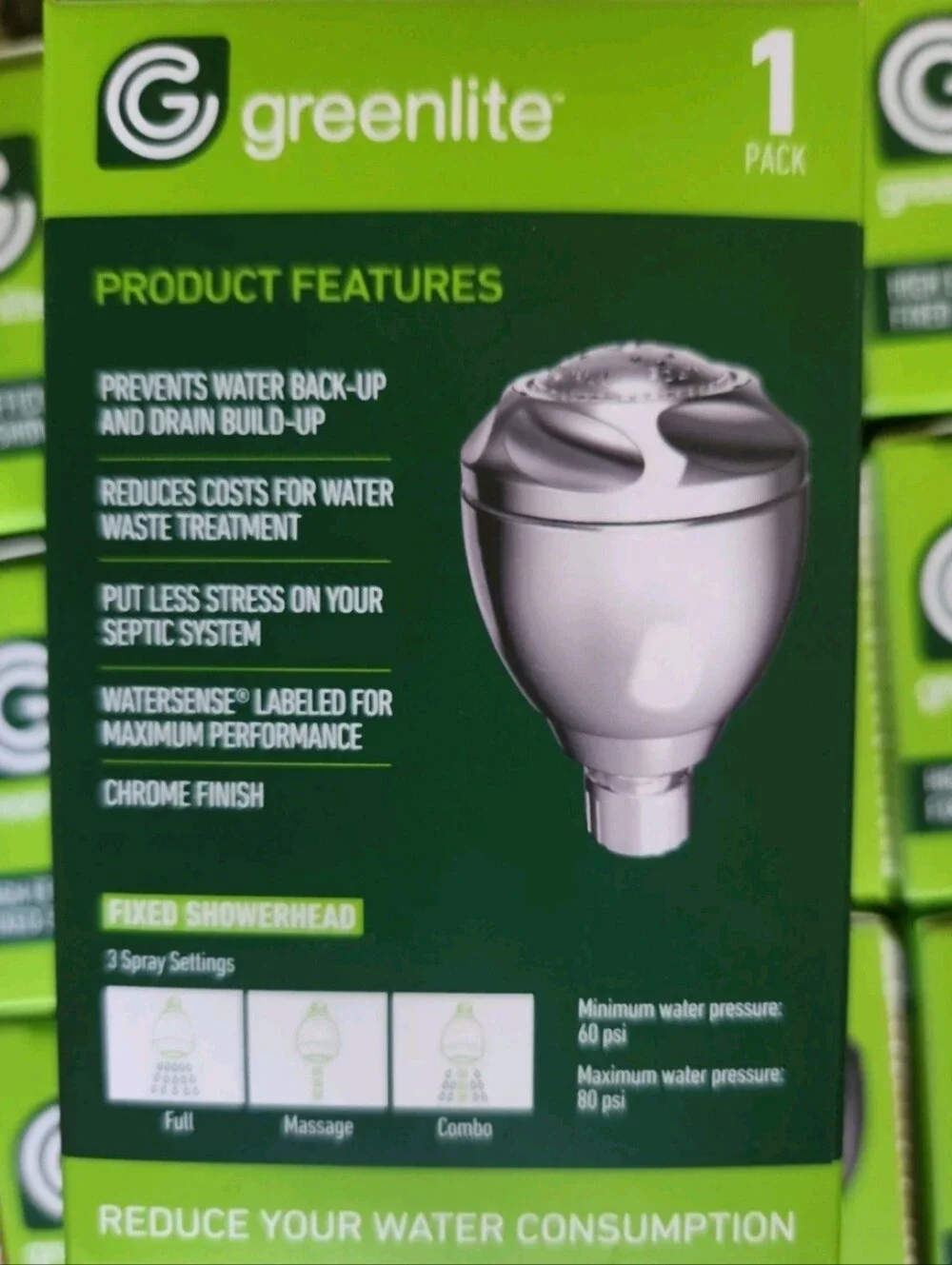 Greenlite Chrome Finish Adjustable Showerhead 3 Settings,  High Efficiency